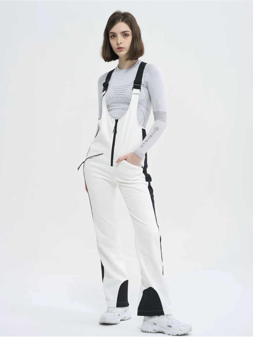 White Ski Bib Overalls with Black Accents